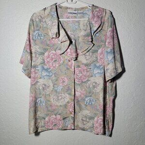 ALFRED DUNNER Womens 14 Muted Pink Green Blue Button Up Ruffle Granny Blouse Top